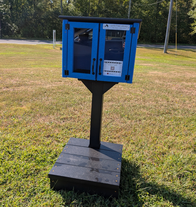 A Little Free Library in front of Bells Elementary School. It is a simple blue box with a framed glass door and a black wooden base.
