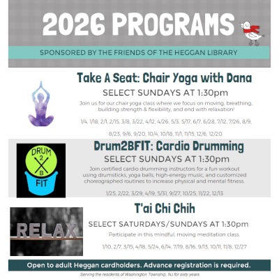 A flyer listing all the information included in this post. A silhouette of a woman doing yoga is next to Take a Seat: Chair Yoga with Dana, a collection of shapes forming a drum is next to Drum2BFIT: Cardio Drumming, and a wood cut out of the word 'RELAX' is next to T'ai Chi Chih.