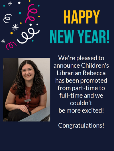 A flyer featuring the information in this post along with a picture of Rebecca seated and smiling at the Youth Services reference desk